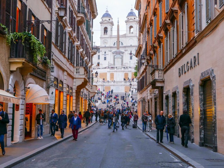 Very exclusive shopping street with luxury brands at Spanish Square in Rome - ROME / ITALY - NOVEMBER 6, 2016